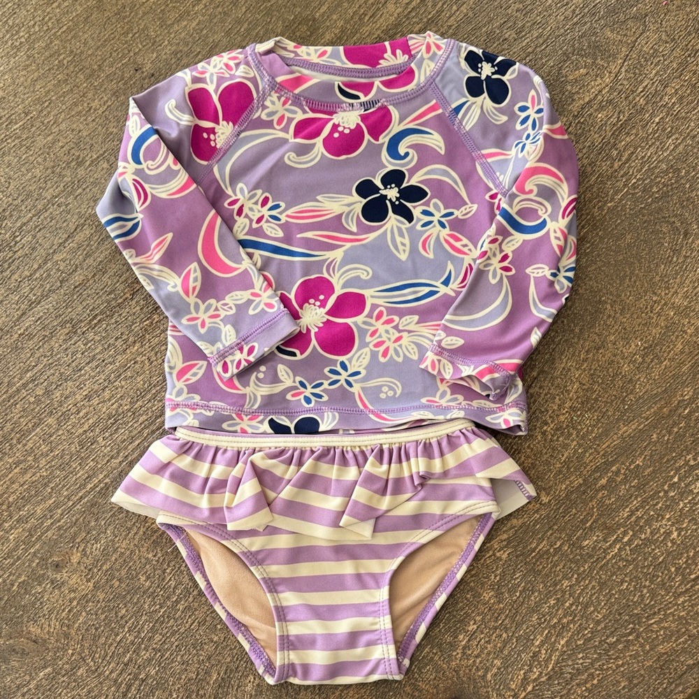 Tea Collection Purple Floral Kids Swim Rashguard Set